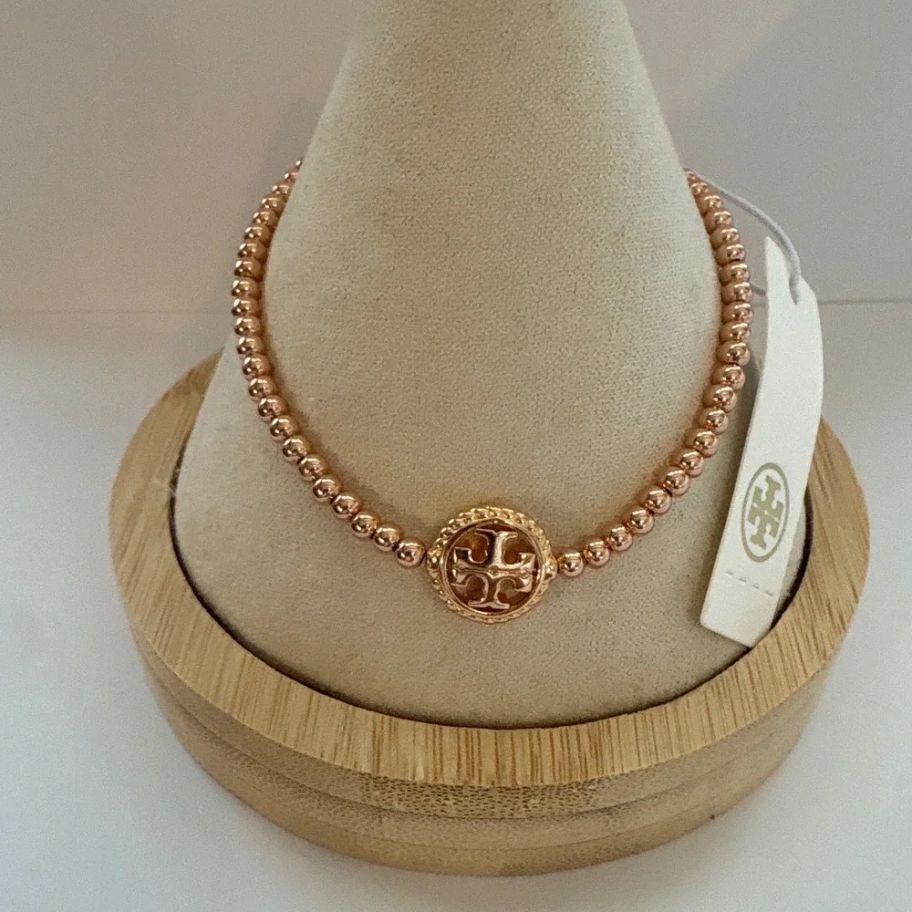 Tory Burch Miller Rose Gold Tone Pave Beaded Slider Bracelet Adjustable NEW